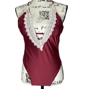 Bathing Suit Swim Suit Deep V Neck Plunge French Cut Crochet Lace Trim Swimsuit